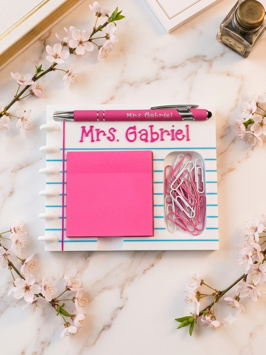 3D printed teacher notebook sticky note holder and pen personalized