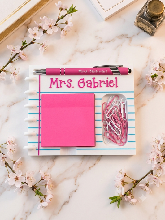 3D printed teacher notebook sticky note holder and pen personalized