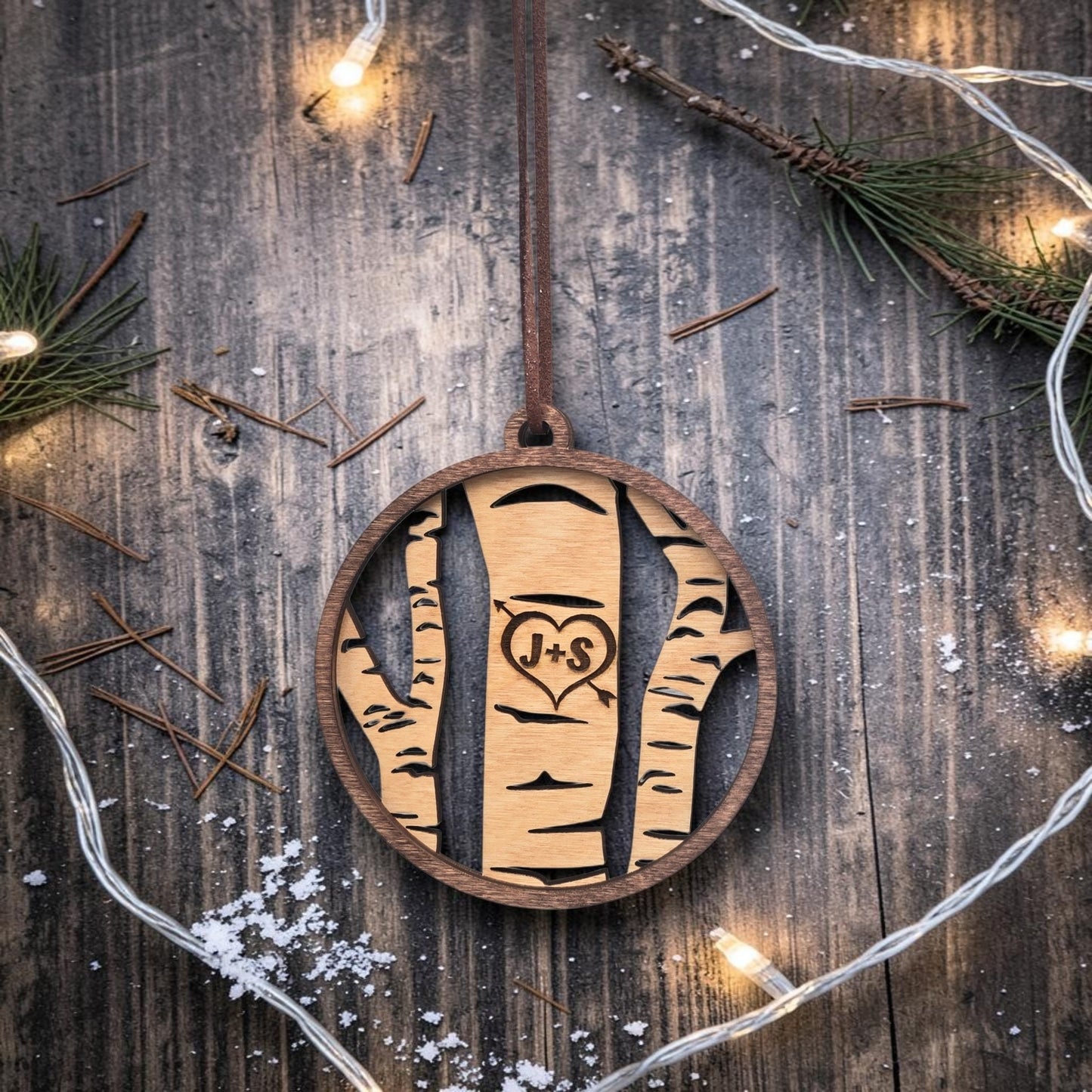 Carved Birch Tree Initials Christmas Ornament Personalized