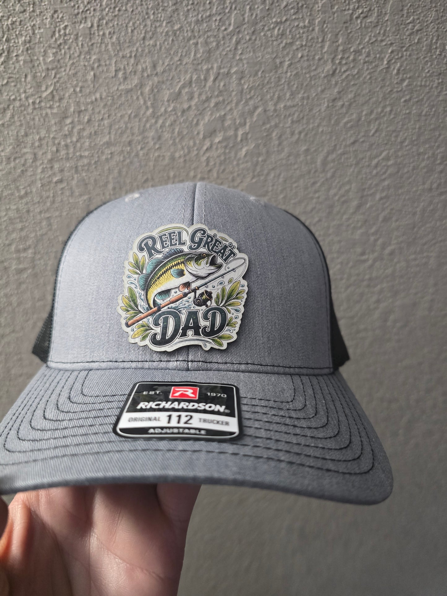 UV printed patch Reel cool Dad or Reel Great Dad fish Real Tree Camo or gray/black Richardson 112 Hat