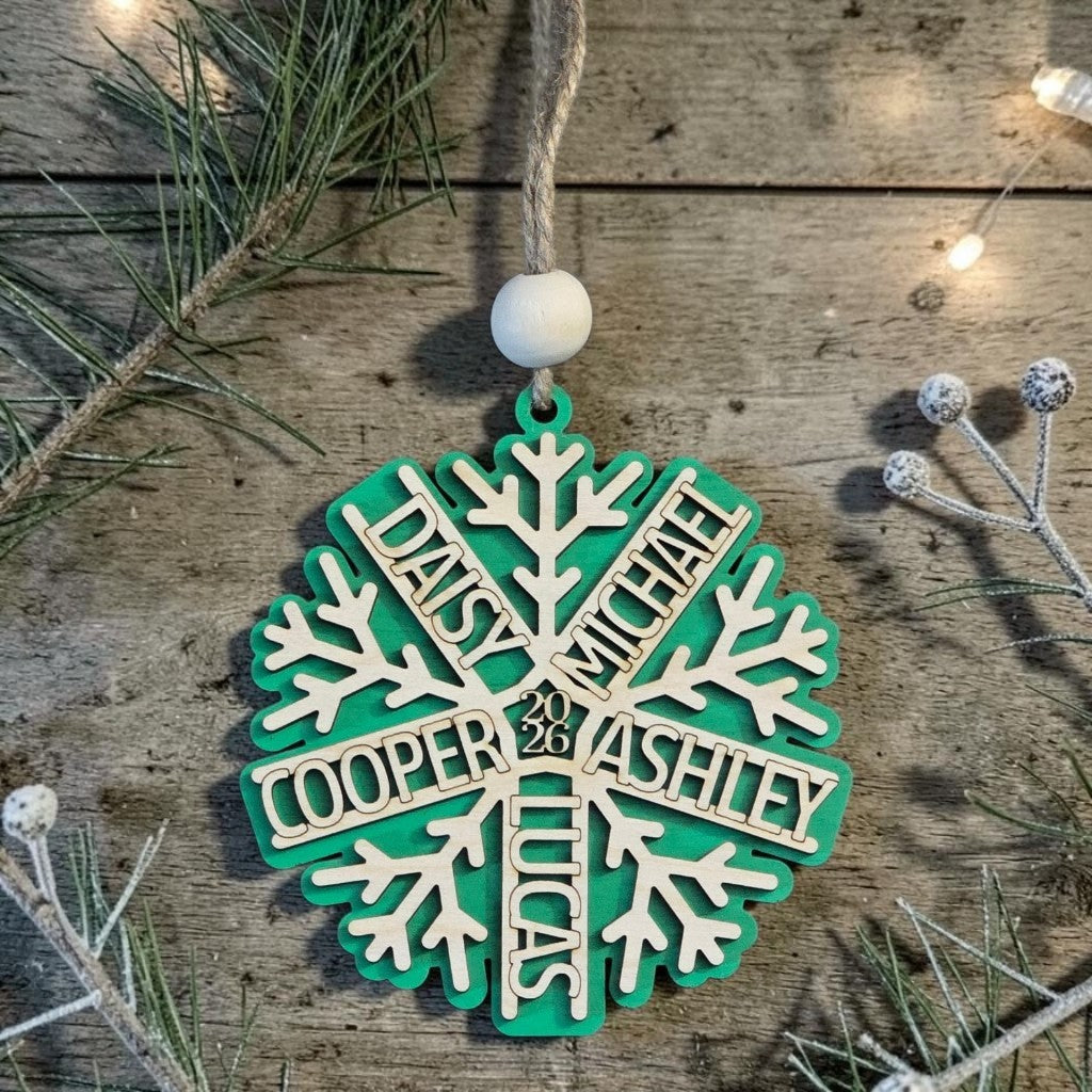 Family Name Snowflake Christmas Ornament Personalized