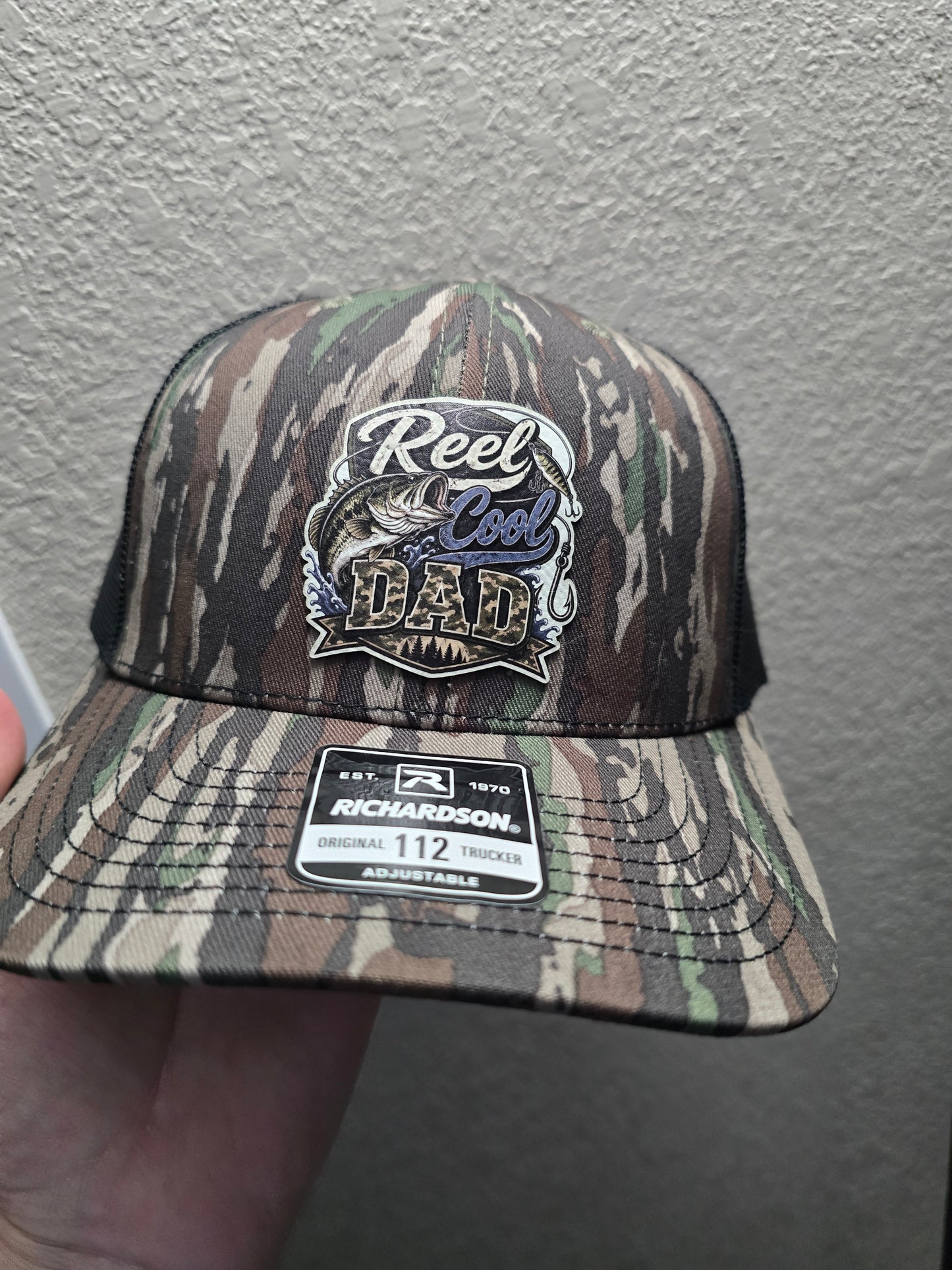 UV printed patch Reel cool Dad or Reel Great Dad fish Real Tree Camo or gray/black Richardson 112 Hat