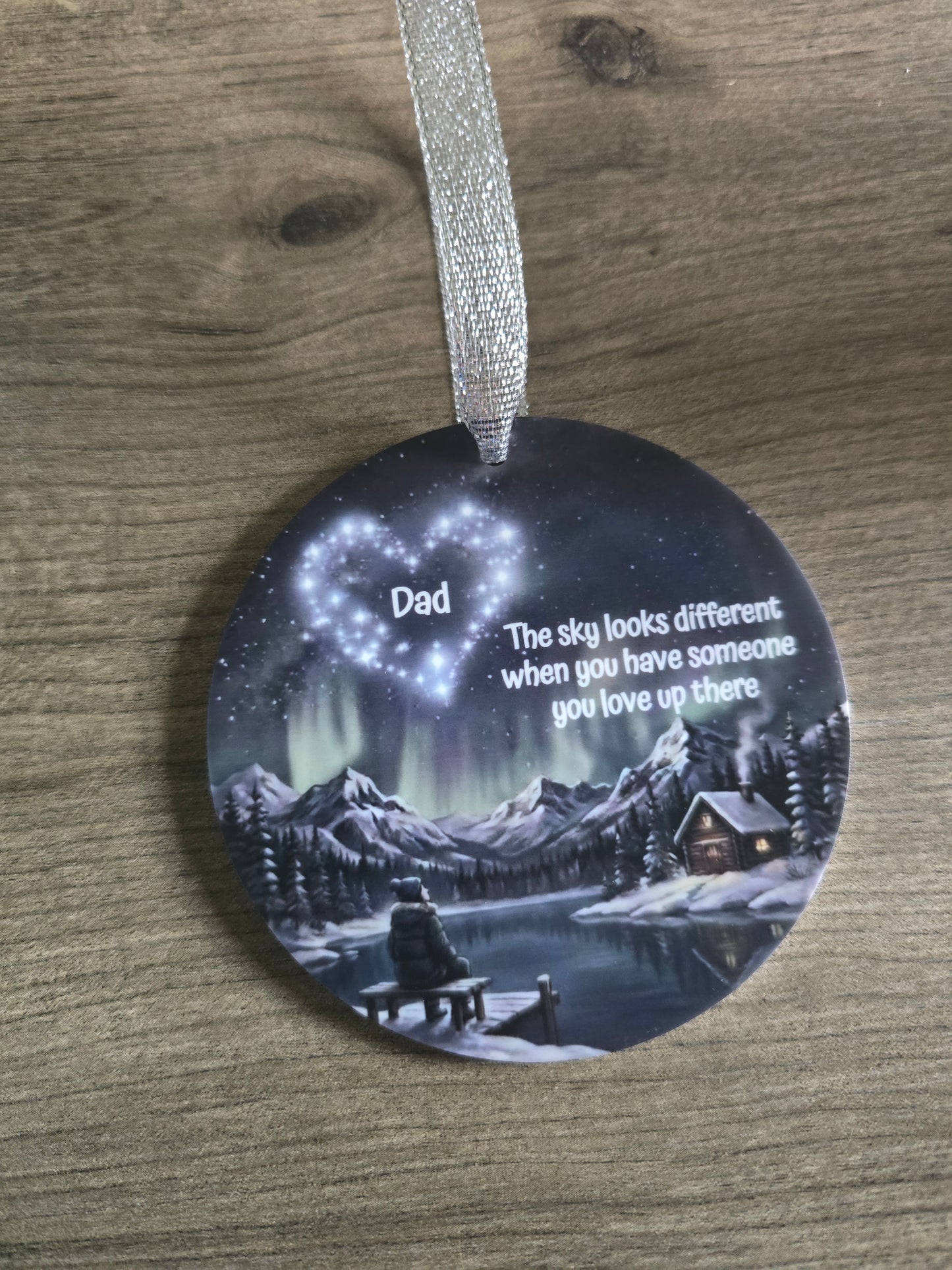 UV printed Mountains with northern lights The sky looks different when you have someone you love up there personalized Memorial Christmas Ornament
