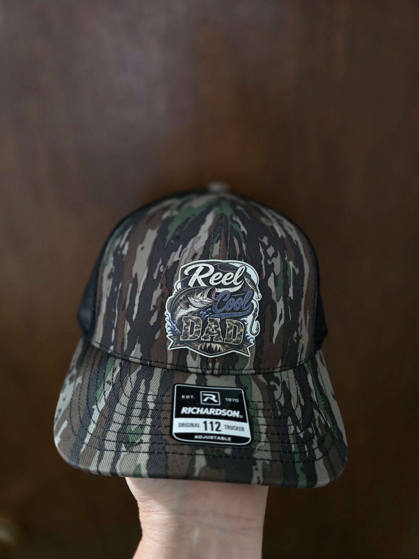 UV printed patch Reel cool Dad or Reel Great Dad fish Real Tree Camo or gray/black Richardson 112 Hat