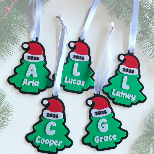 3D printed Santa Hat Christmas tree ornament personalized with name, and letter and year
