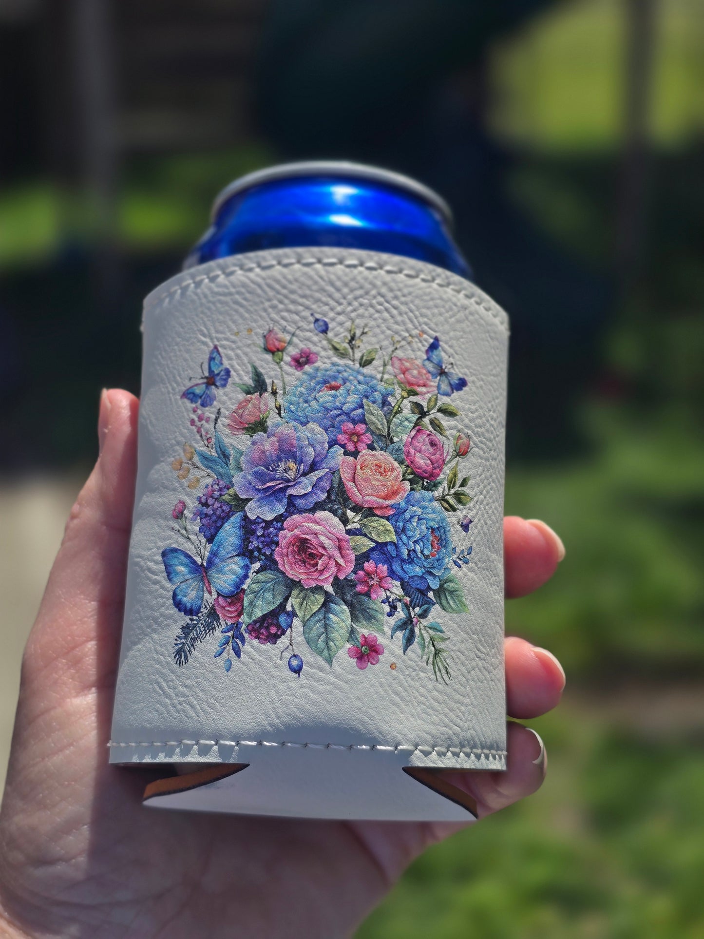 Floral butterfly can koozie holder