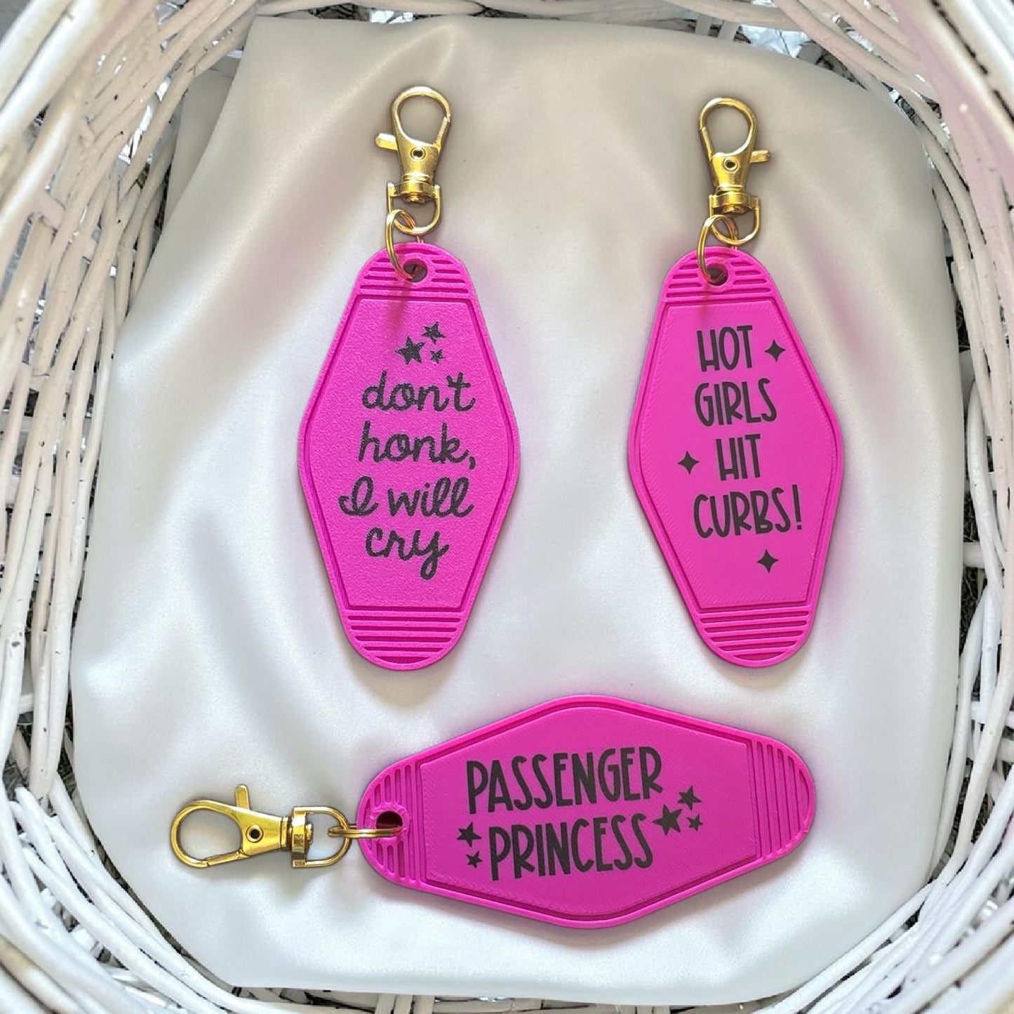 Pink 3D printed & UV printed motel keychain sarcastic