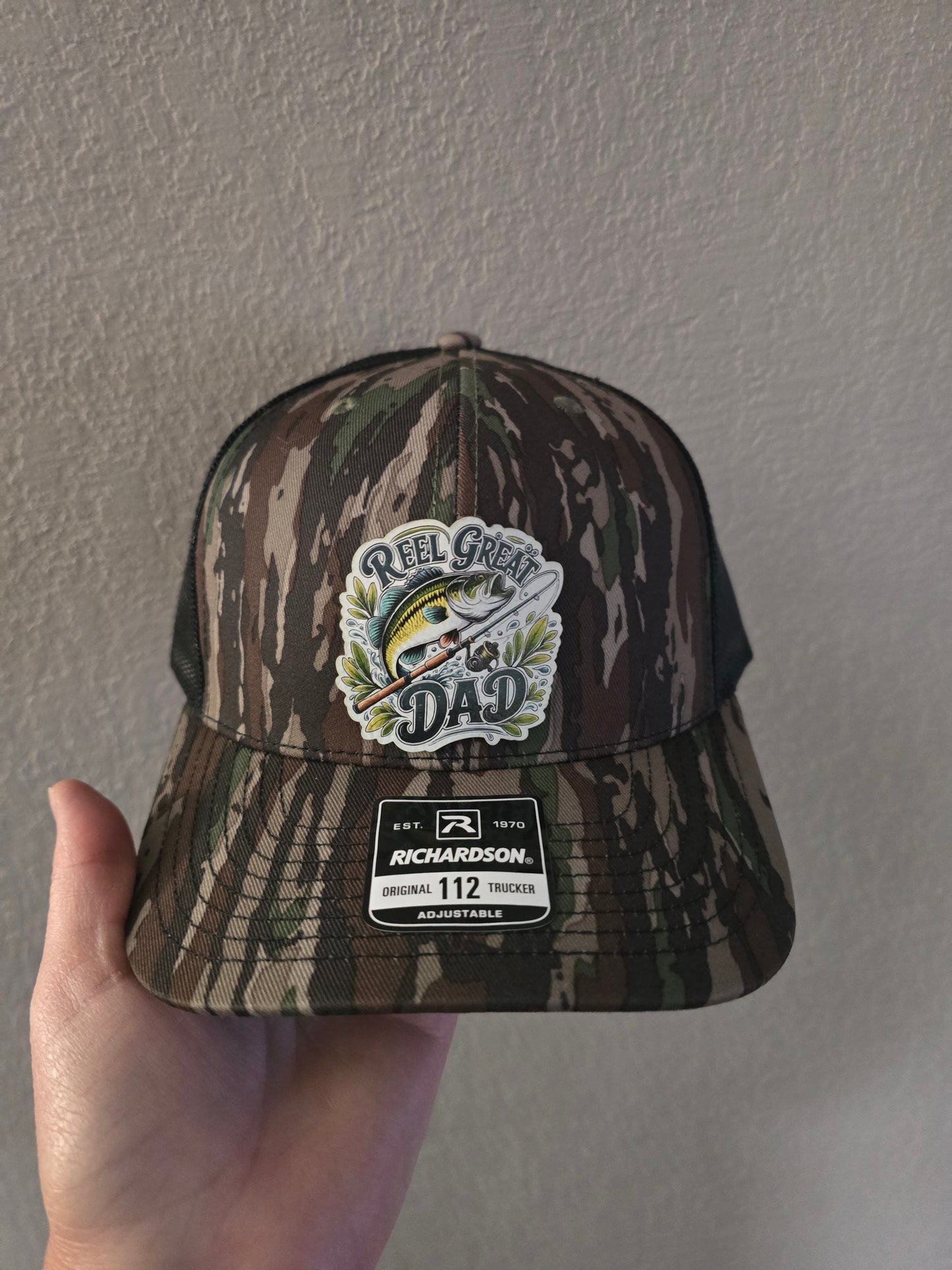 UV printed patch Reel cool Dad or Reel Great Dad fish Real Tree Camo or gray/black Richardson 112 Hat