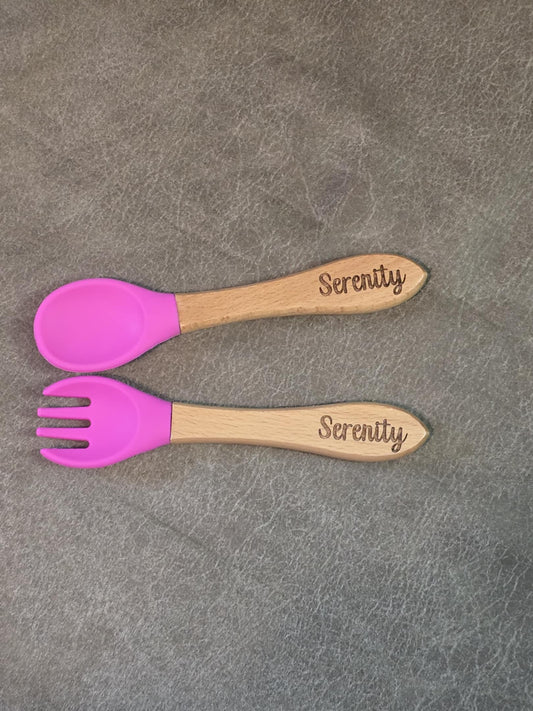 Baby silicone and wood spoon and fork set personalized
