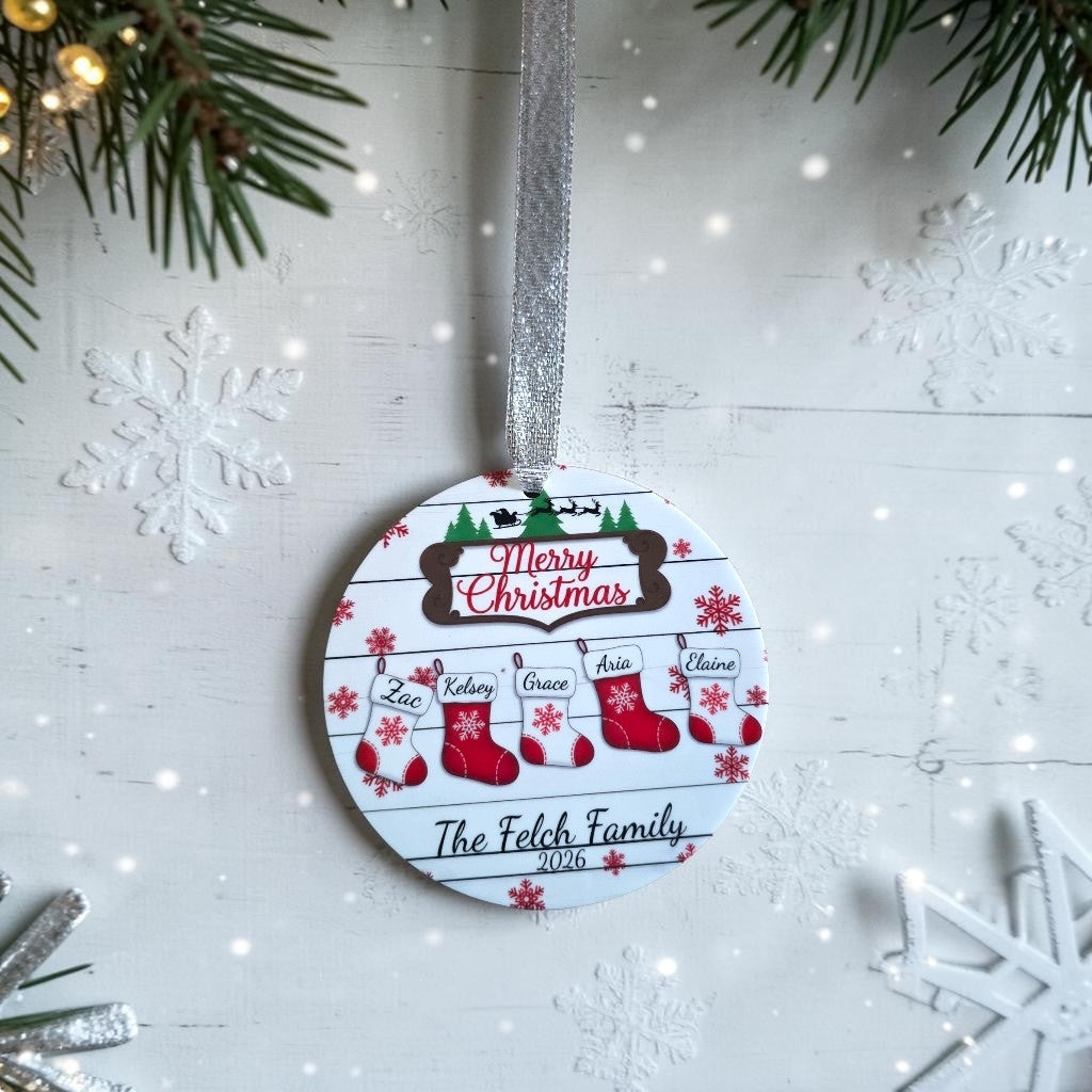 UV printed Merry Christmas with red & white stockings Ornament acrylic personalized up to 8 stockings