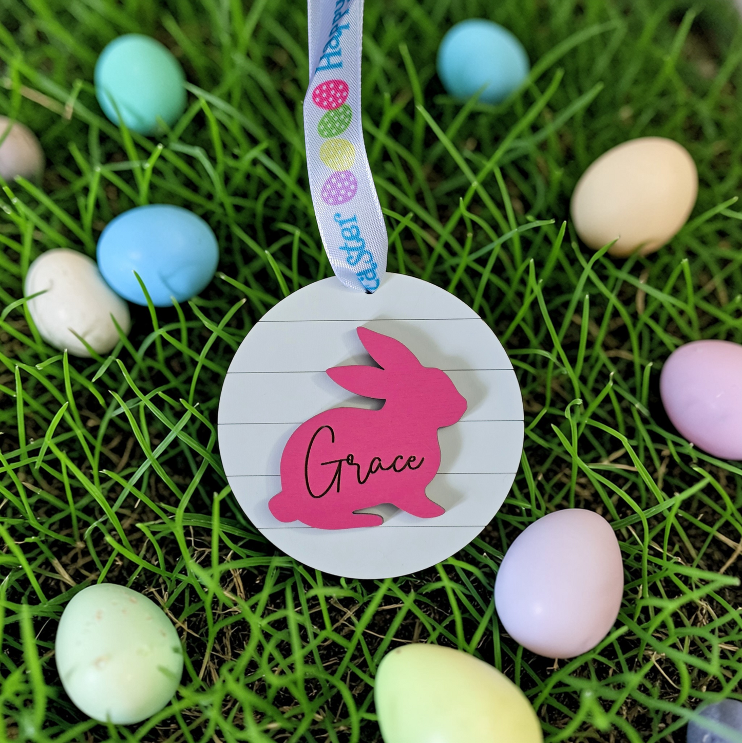 Easter Bunny shiplap tag ornament personalized