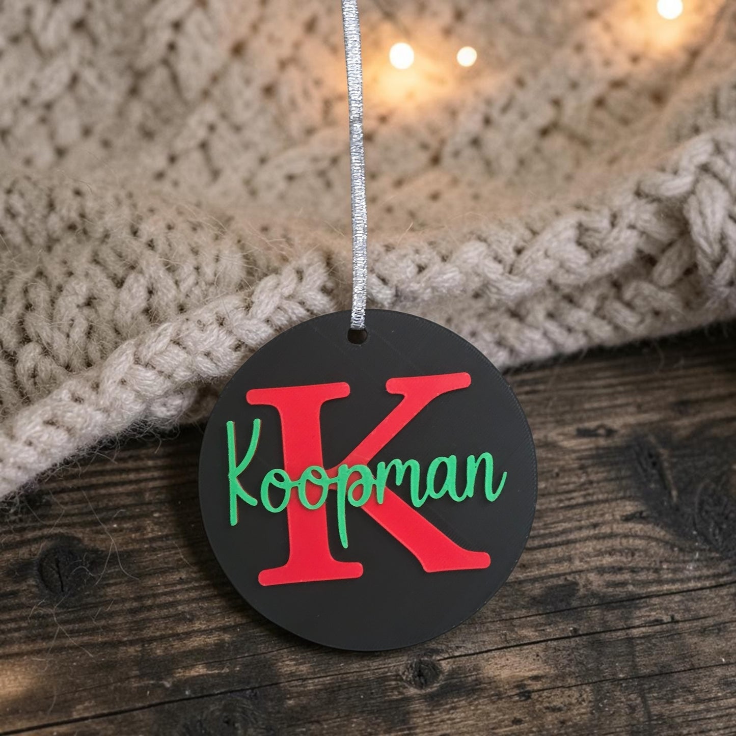 3D printed Family Name and Initial Christmas Ornament personalized