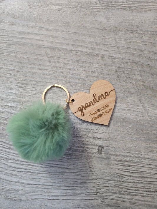Mom Grandma wooden keychain pom pom with kids names personalized