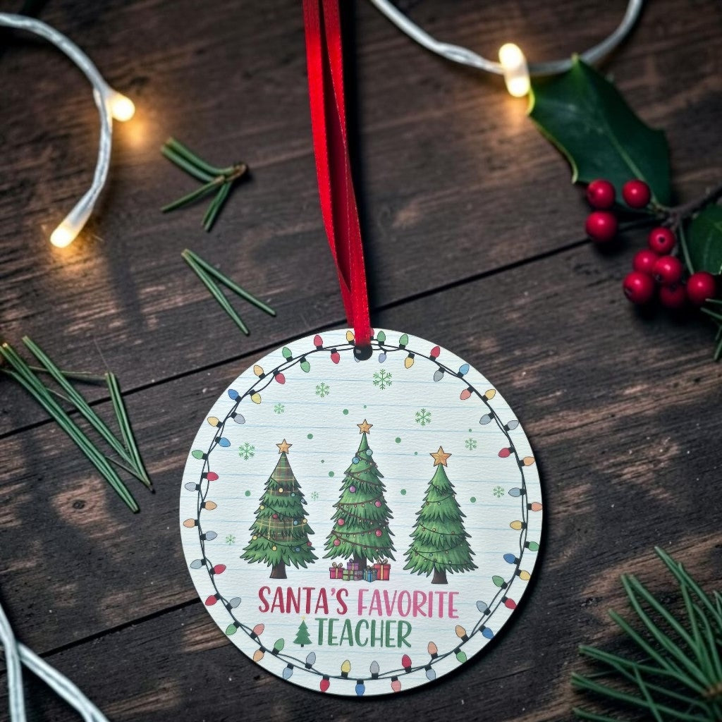 UV printed Santa's favorite teacher Christmas Ornament