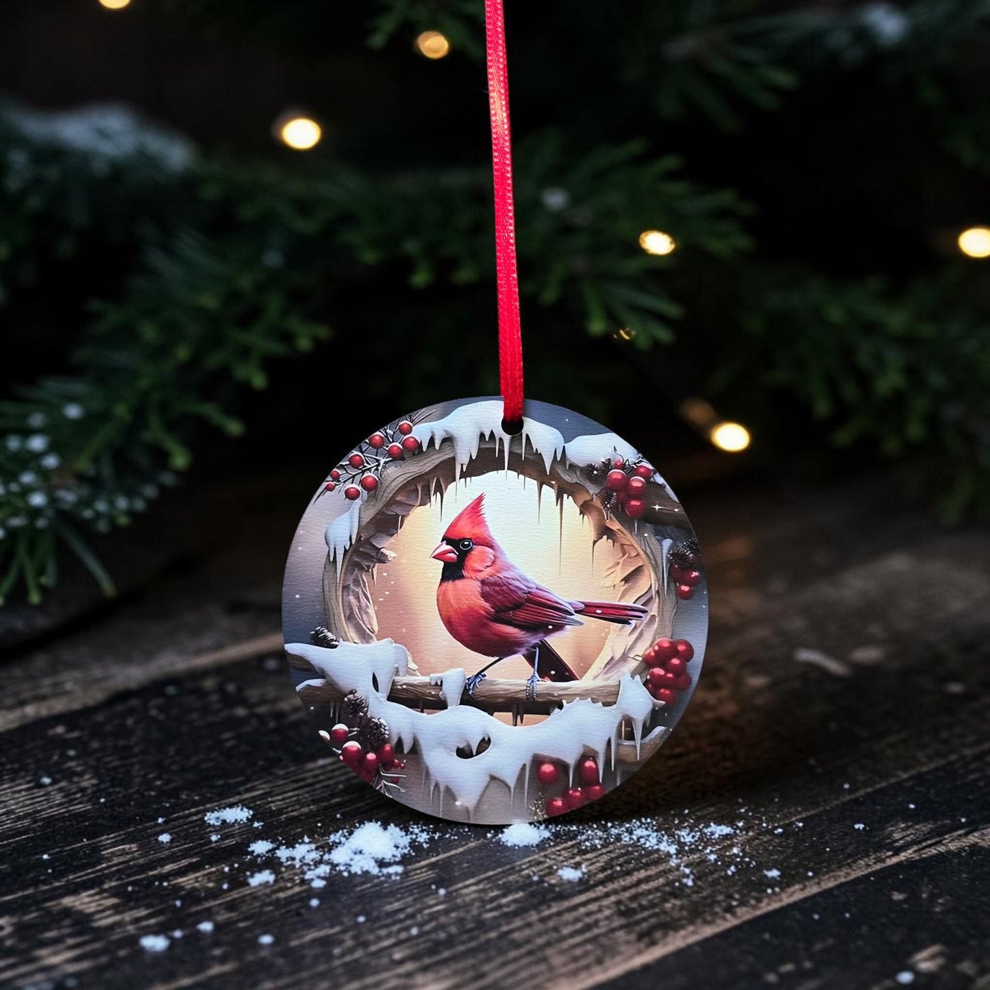 UV printed cardinal on branch Christmas Ornament