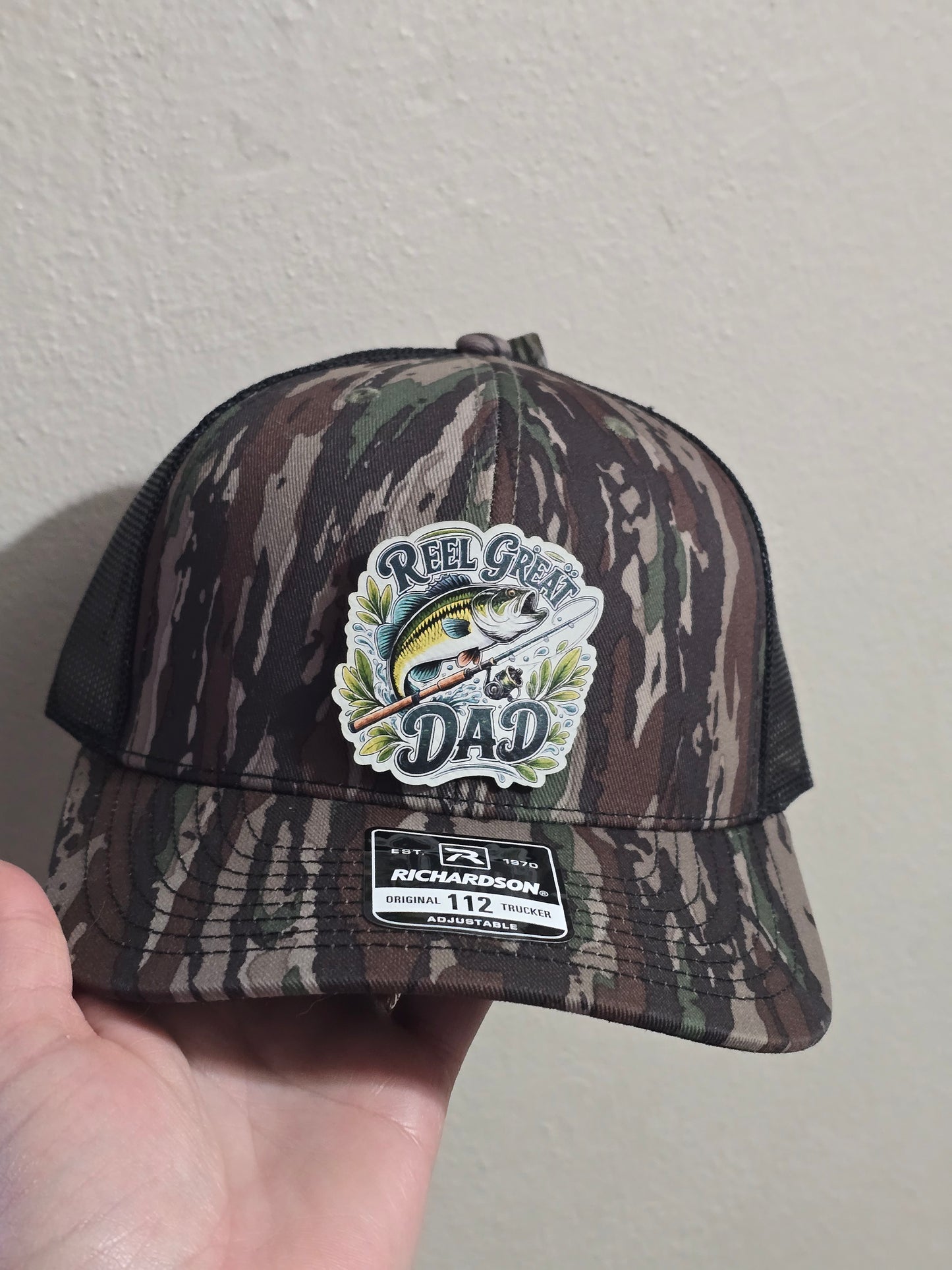 UV printed patch Reel cool Dad or Reel Great Dad fish Real Tree Camo or gray/black Richardson 112 Hat