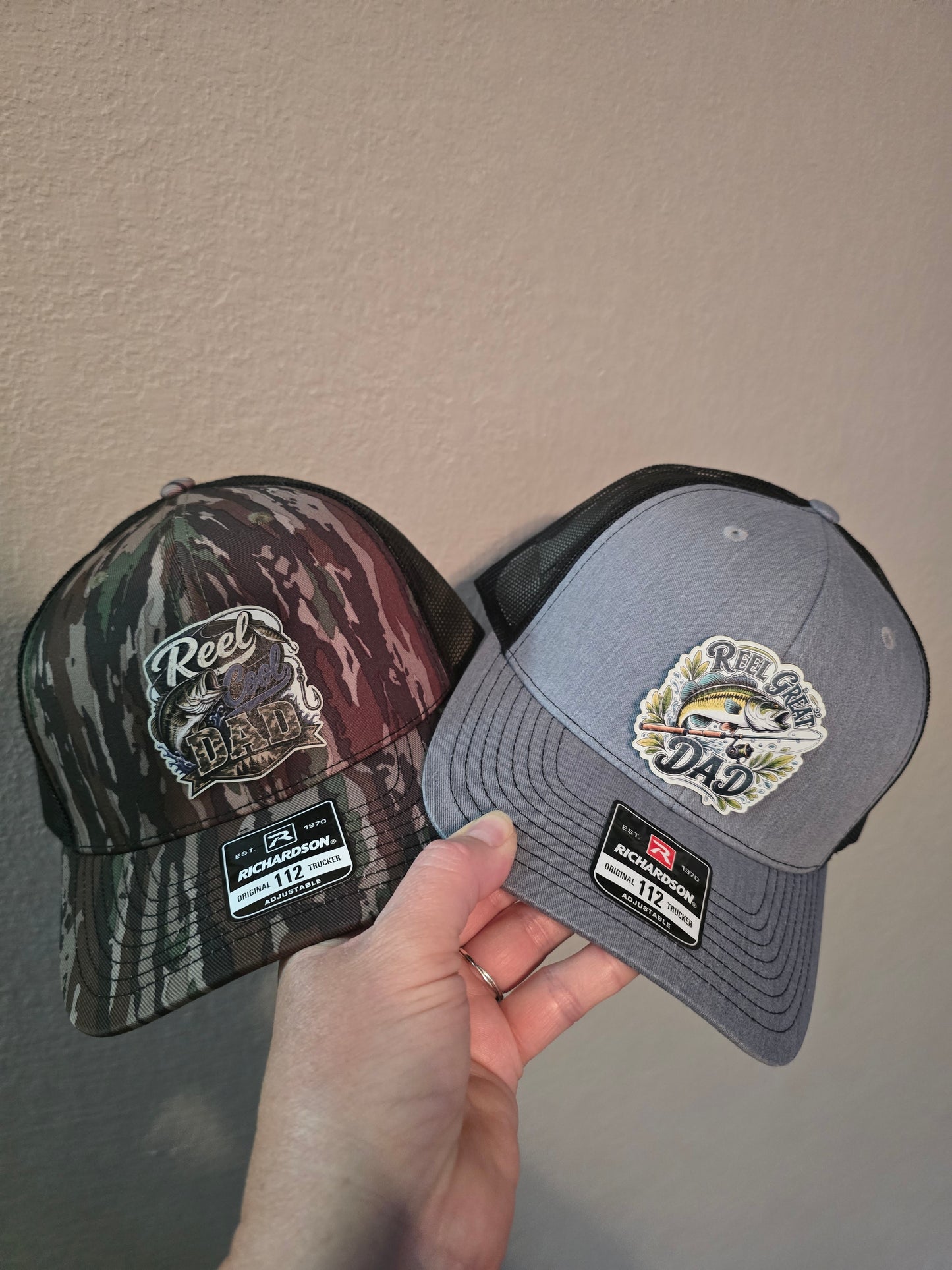 UV printed patch Reel cool Dad or Reel Great Dad fish Real Tree Camo or gray/black Richardson 112 Hat