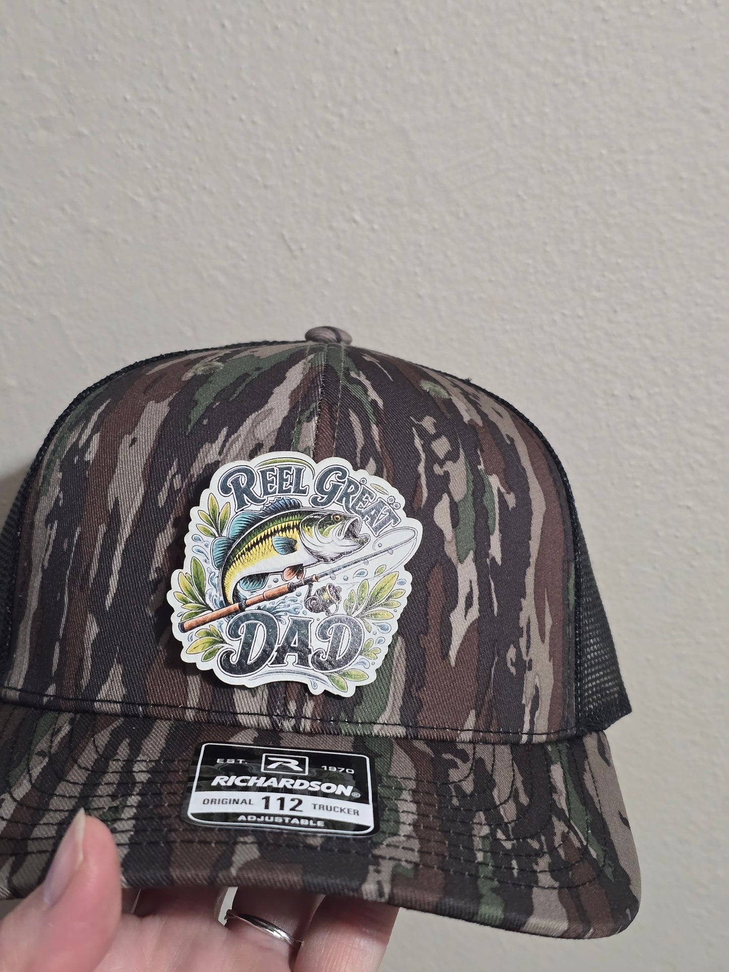 UV printed patch Reel cool Dad or Reel Great Dad fish Real Tree Camo or gray/black Richardson 112 Hat
