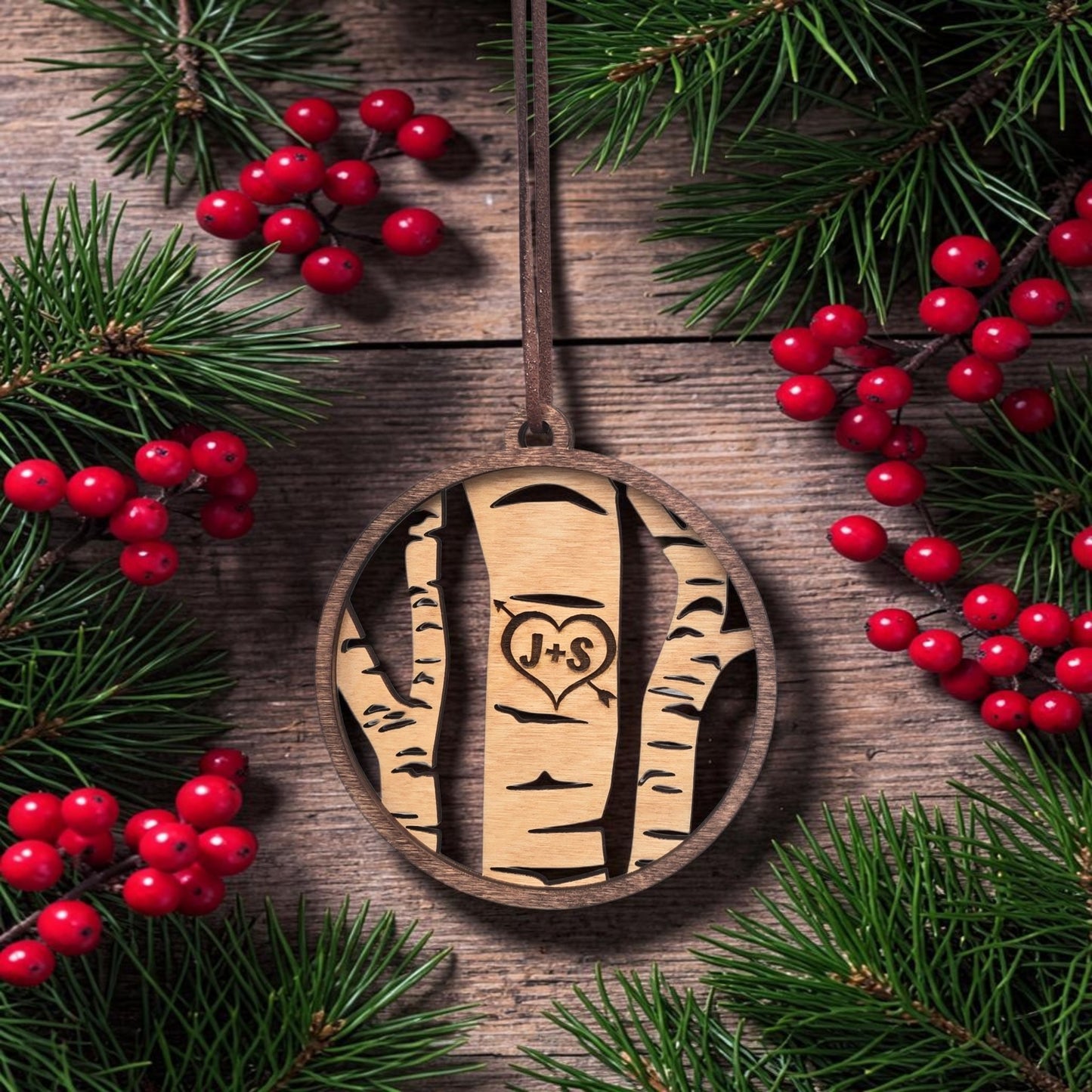 Carved Birch Tree Initials Christmas Ornament Personalized