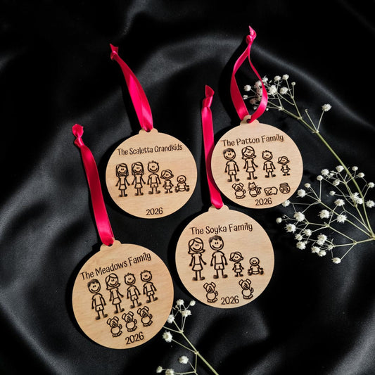 Cartoon stick figure family Christmas Ornament Personalized max 8 people