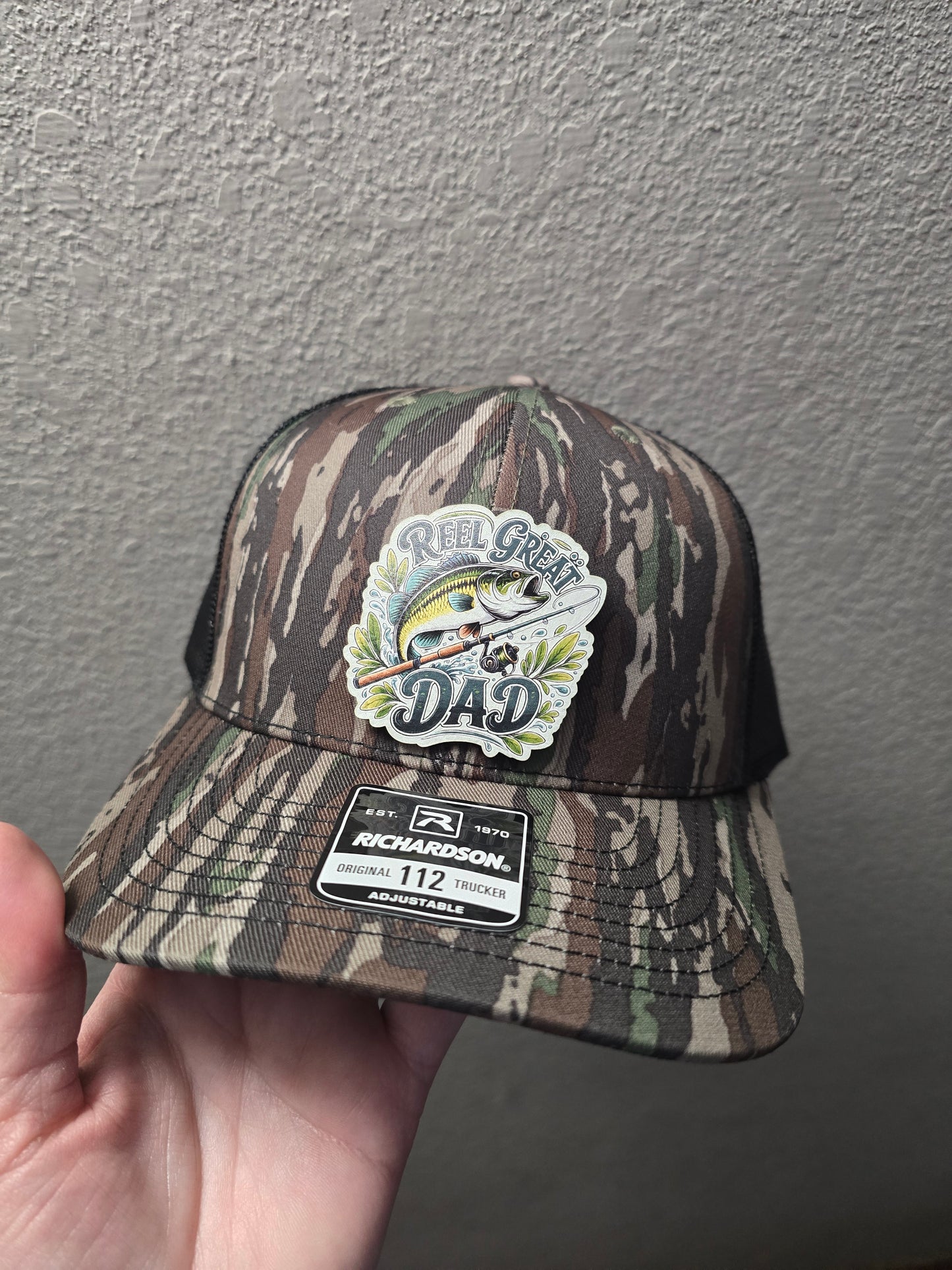 UV printed patch Reel cool Dad or Reel Great Dad fish Real Tree Camo or gray/black Richardson 112 Hat