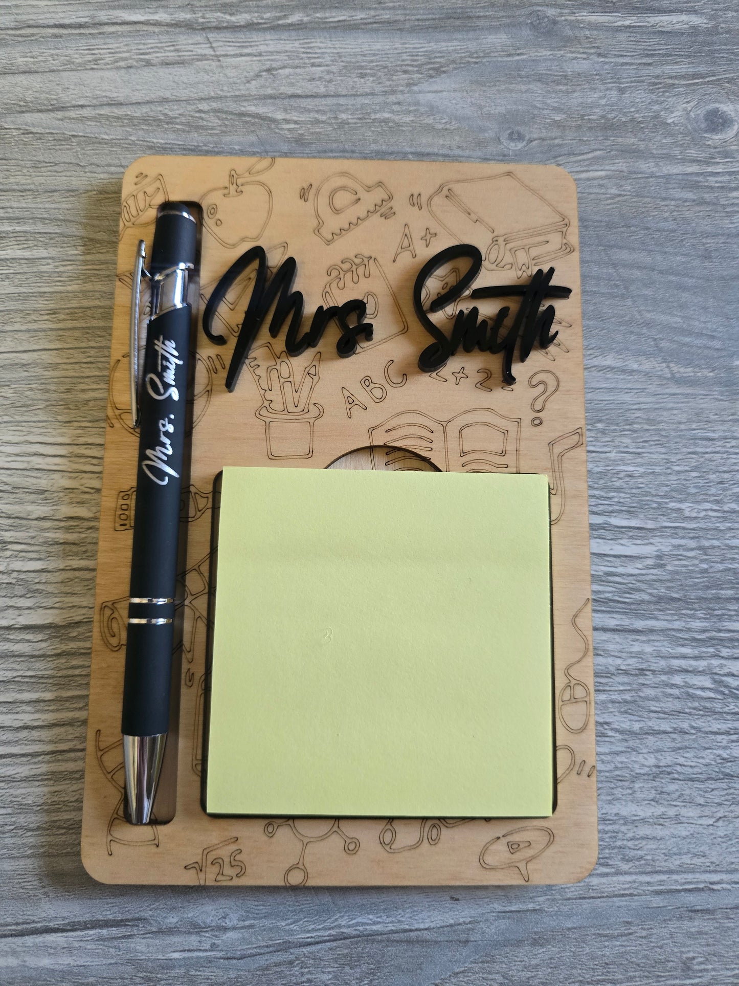 Flower and school theme sticky notepad holder with pen personalized teacher