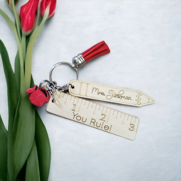 Teacher Personalized Keychain with ruler and apple